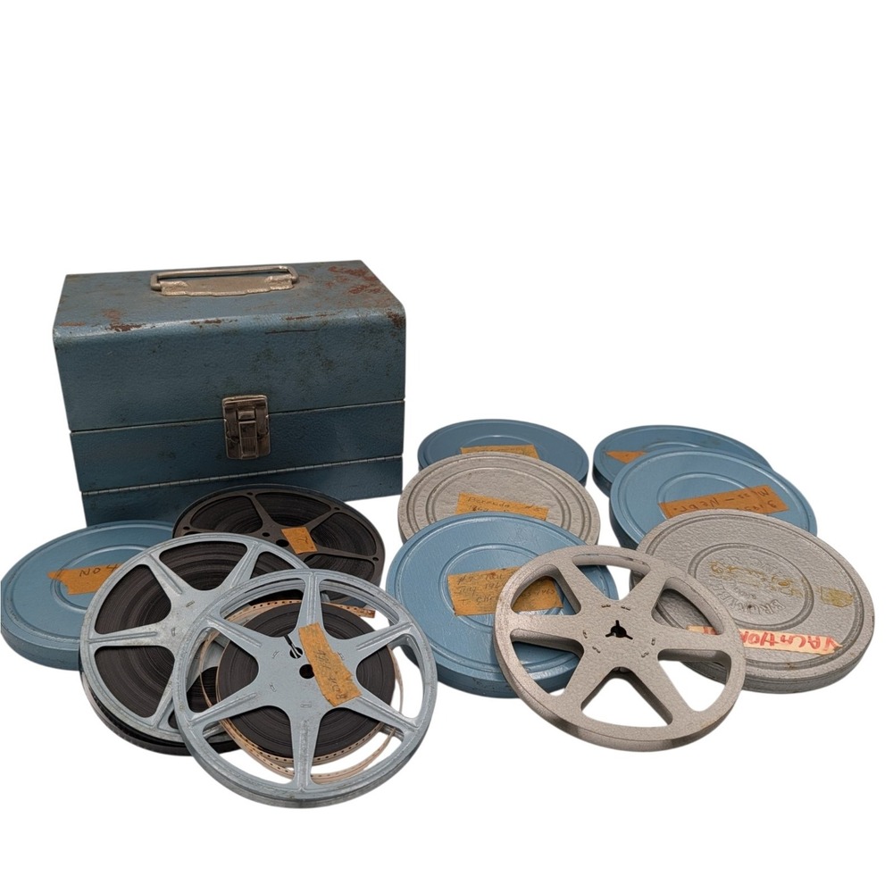 Vintage Home Movies Metal Case with Ten Film Reels 1960s Vacations and Family